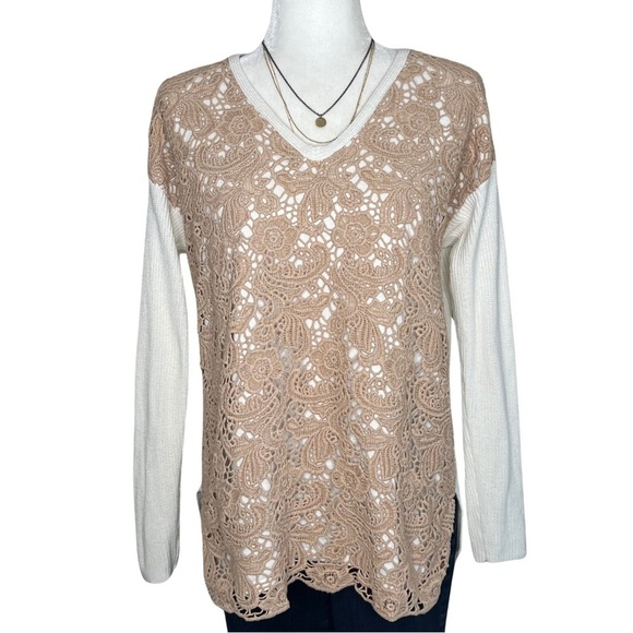 Chico’s Sweater Christina Lace Front Pullover Ecru Ivory Tan 8 Medium M - Picture 1 of 12